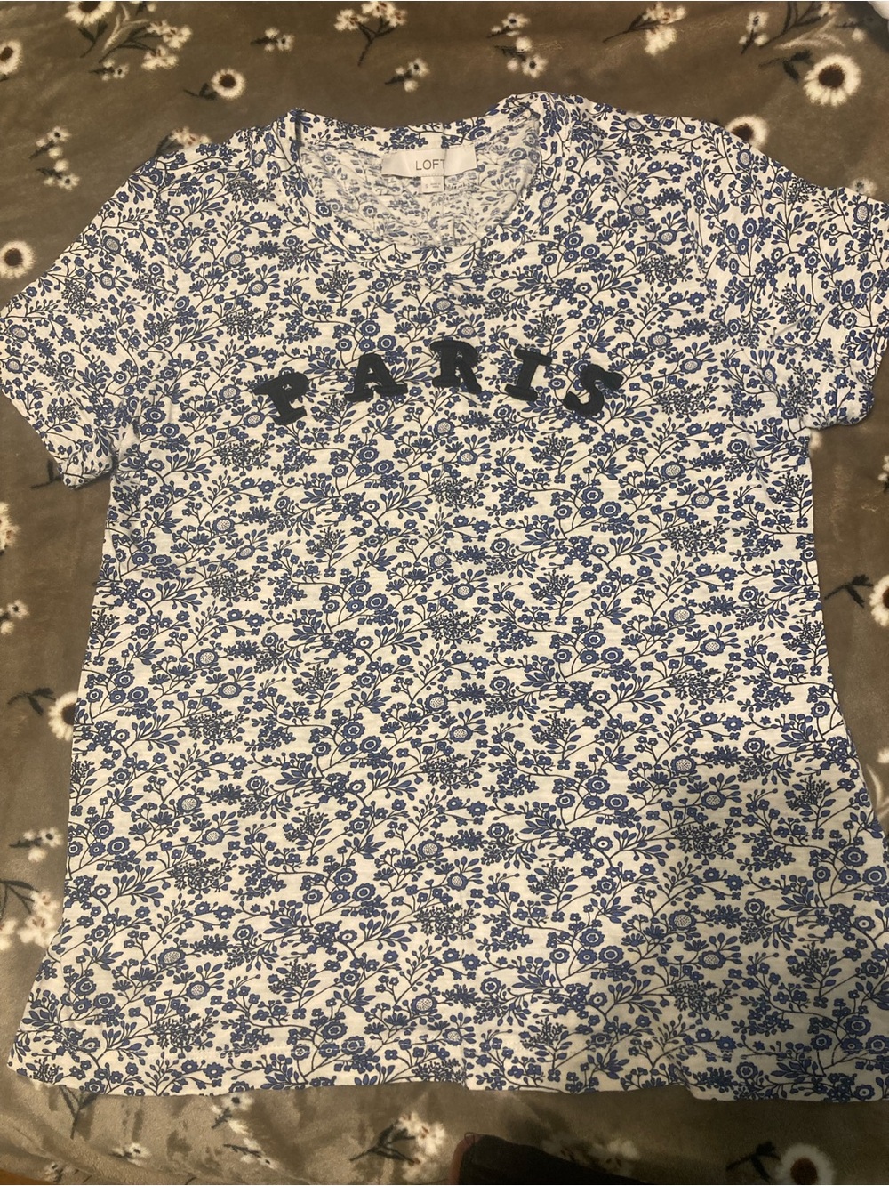 LOFT White & Blue Floral PARIS Short Sleeve Tee
